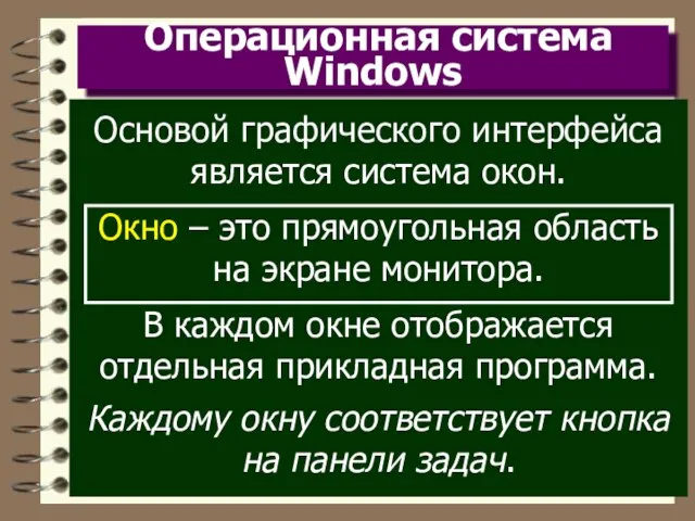 Операционная система Windows Основой графического интерфейса является система окон. Окно – это