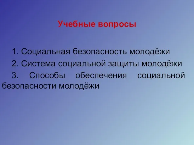 Учебные вопросы 1. Социальная безопасность молодёжи 2. Система социальной защиты молодёжи 3.