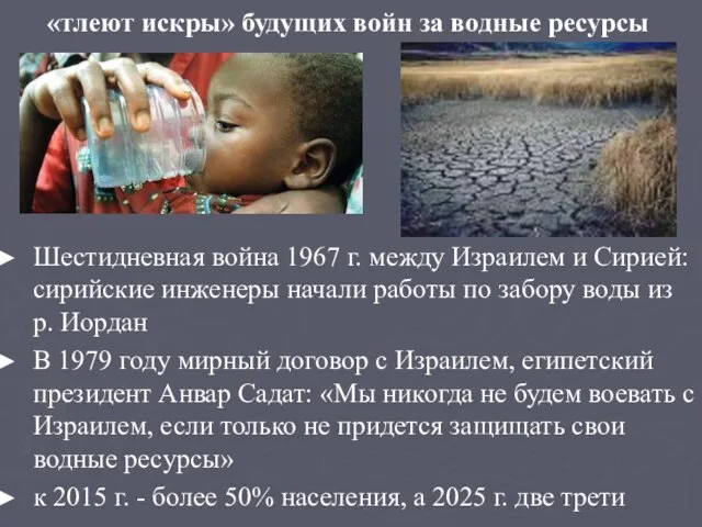 «тлеют искры» будущих войн за водные ресурсы Шестидневная война 1967 г. между