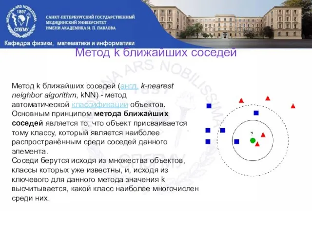 Метод k ближайших соседей Метод k ближайших соседей (англ. k-nearest neighbor algorithm,