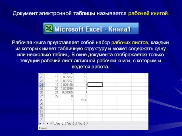 Документ электронной таблицы называется рабочей книгой. Рабочая книга представляет собой набор рабочих