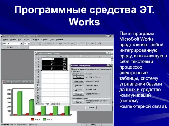 Программные средства ЭТ. Works Пакет программ MicroSoft Works представляет собой интегрированную среду,