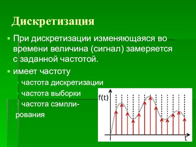 Дискретизация При дискретизации изменяющаяся во времени величина (сигнал) замеряется с заданной частотой.