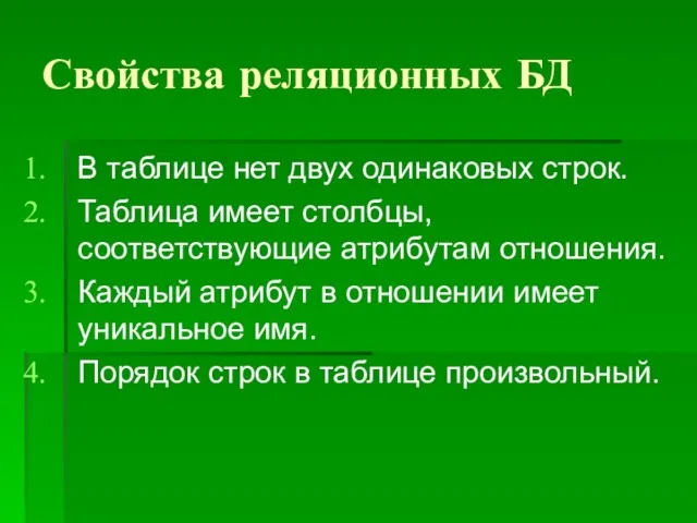 Свойства реляционных БД В таблице нет двух одинаковых строк. Таблица имеет столбцы,