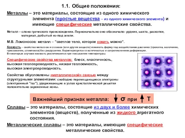 1.1. Общие положения: Металлы – это материалы, состоящие из одного химического элемента