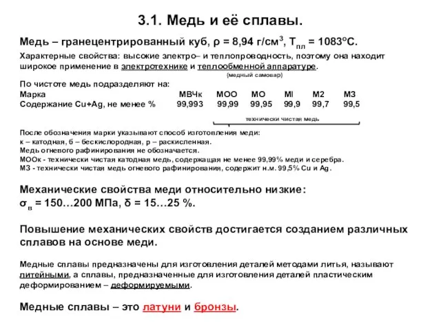 3.1. Медь и её сплавы. Медь – гранецентрированный куб, ρ = 8,94