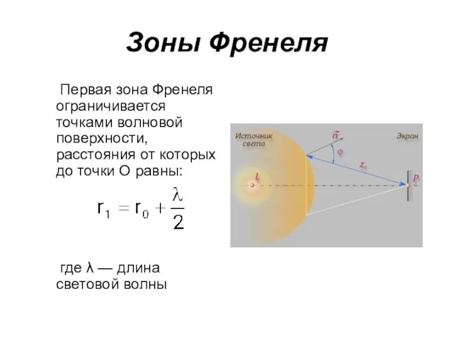 Зоны Френеля Первая зона Френеля ограничивается точками волновой поверхности, расстояния от которых