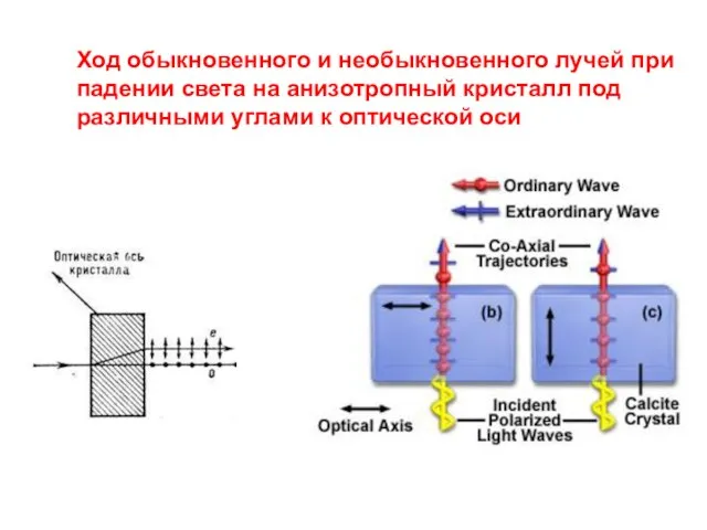 Ход обыкновенного и необыкновенного лучей при падении света на анизотропный кристалл под