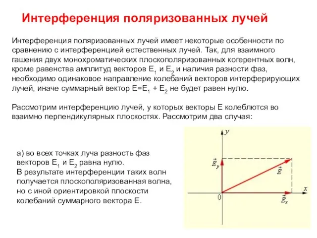 Интерференция поляризованных лучей Интерференция поляризованных лучей имеет некоторые особенности по сравнению с