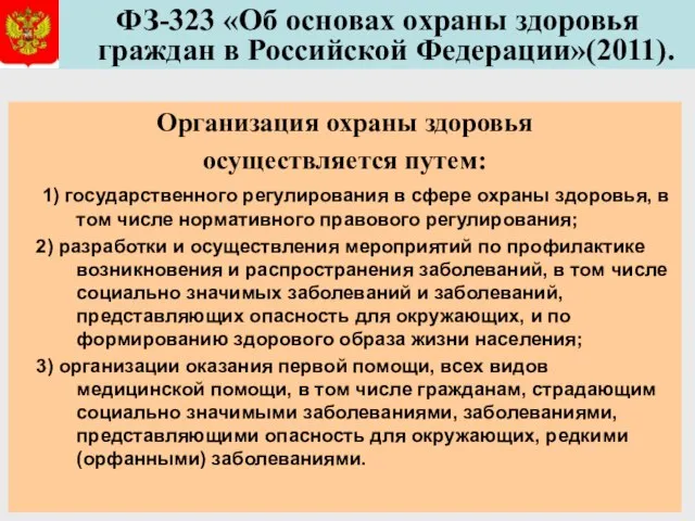 ФЗ-323 «Об основах охраны здоровья граждан в Российской Федерации»(2011). Организация охраны здоровья