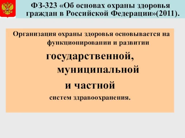 ФЗ-323 «Об основах охраны здоровья граждан в Российской Федерации»(2011). Организация охраны здоровья