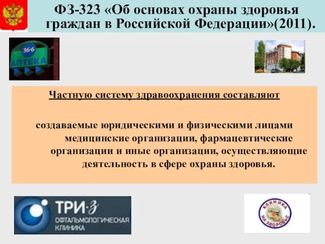 ФЗ-323 «Об основах охраны здоровья граждан в Российской Федерации»(2011). Частную систему здравоохранения