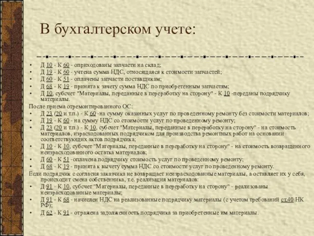 В бухгалтерском учете: Д 10 - К 60 - оприходованы запчасти на