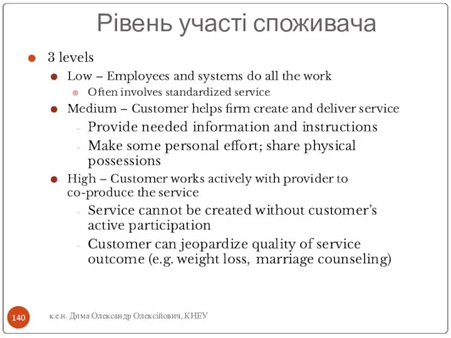 Рівень участі споживача к.е.н. Дима Олександр Олексійович, КНЕУ 3 levels Low –