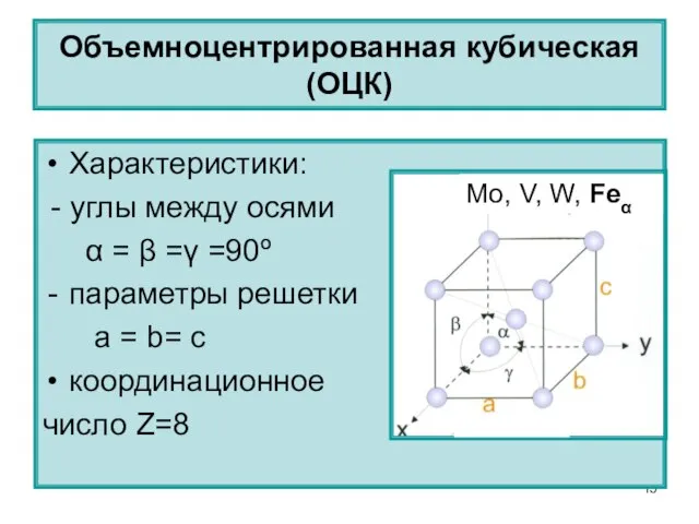 Объемноцентрированная кубическая (ОЦК) Характеристики: - углы между осями α = β =γ