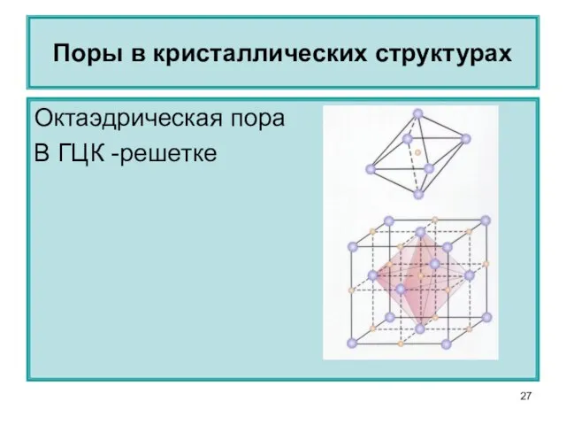 Октаэдрическая пора В ГЦК -решетке Поры в кристаллических структурах