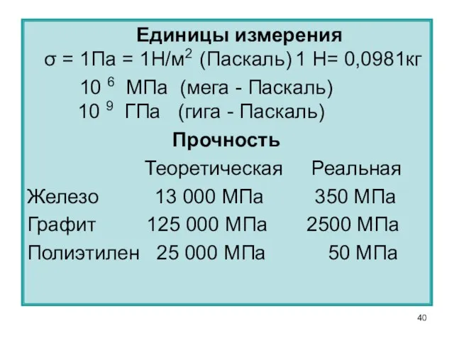 Единицы измерения σ = 1Па = 1Н/м2 (Паскаль) 1 Н= 0,0981кг 10