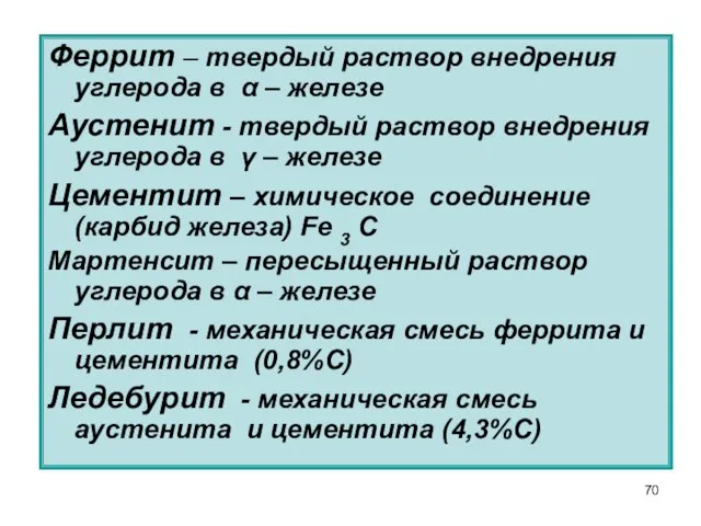 Феррит – твердый раствор внедрения углерода в α – железе Аустенит -