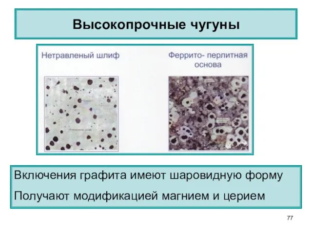 Высокопрочные чугуны Включения графита имеют шаровидную форму Получают модификацией магнием и церием