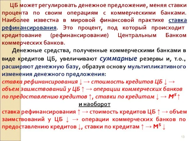 ЦБ может регулировать денежное предложение, меняя ставки процента по своим операциям с