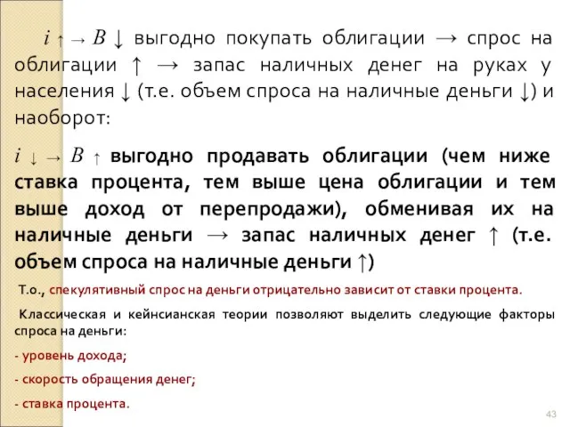 i ↑ → B ↓ выгодно покупать облигации → спрос на облигации