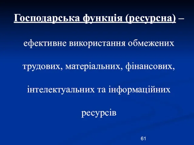 Господарська функція (ресурсна) – ефективне використання обмежених трудових, матеріальних, фінансових, інтелектуальних та інформаційних ресурсів