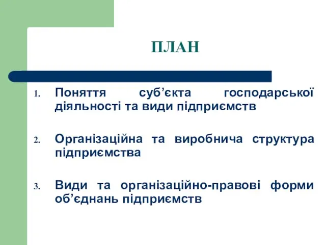 ПЛАН Поняття суб’єкта господарської діяльності та види підприємств Організаційна та виробнича структура