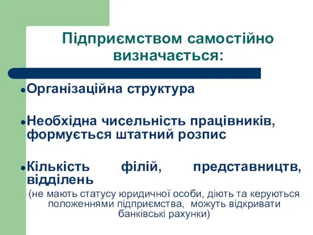 Підприємством самостійно визначається: Організаційна структура Необхідна чисельність працівників, формується штатний розпис Кількість