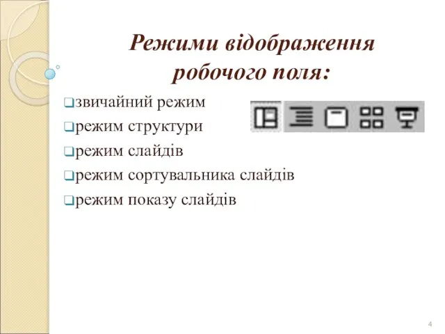 Режими відображення робочого поля: звичайний режим режим структури режим слайдів режим сортувальника слайдів режим показу слайдів