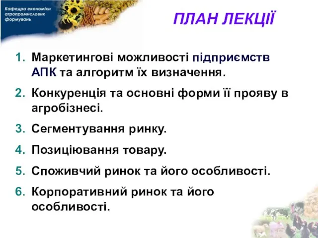 ПЛАН ЛЕКЦІЇ Маркетингові можливості підприємств АПК та алгоритм їх визначення. Конкуренція та