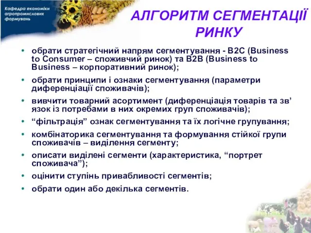 АЛГОРИТМ СЕГМЕНТАЦІЇ РИНКУ обрати стратегічний напрям сегментування - B2C (Business to Consumer