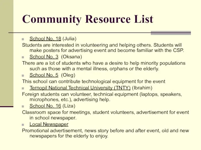 Community Resource List School No. 18 (Julia) Students are interested in volunteering