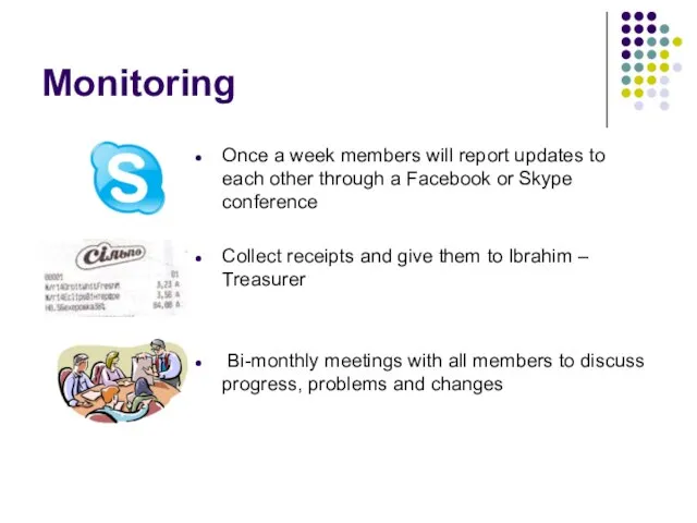 Monitoring Once a week members will report updates to each other through