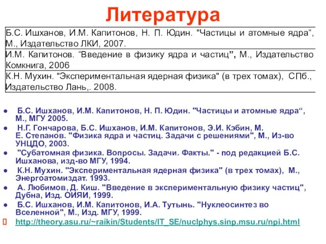 Литература ● Б.С. Ишханов, И.М. Капитонов, Н. П. Юдин. "Частицы и атомные