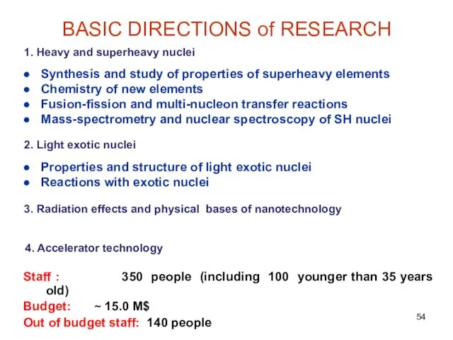 BASIC DIRECTIONS of RESEARCH 1. Heavy and superheavy nuclei Synthesis and study