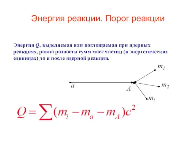 Энергия реакции. Порог реакции Энергия Q, выделяемая или поглощаемая при ядерных реакциях,