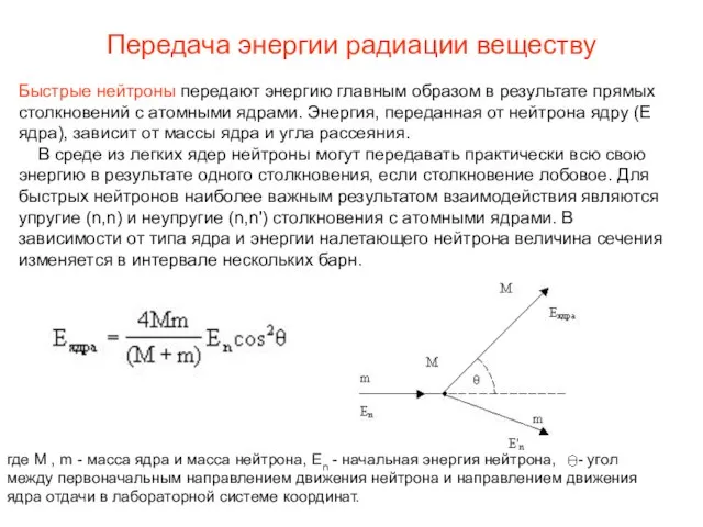 Передача энергии радиации веществу Быстрые нейтроны передают энергию главным образом в результате