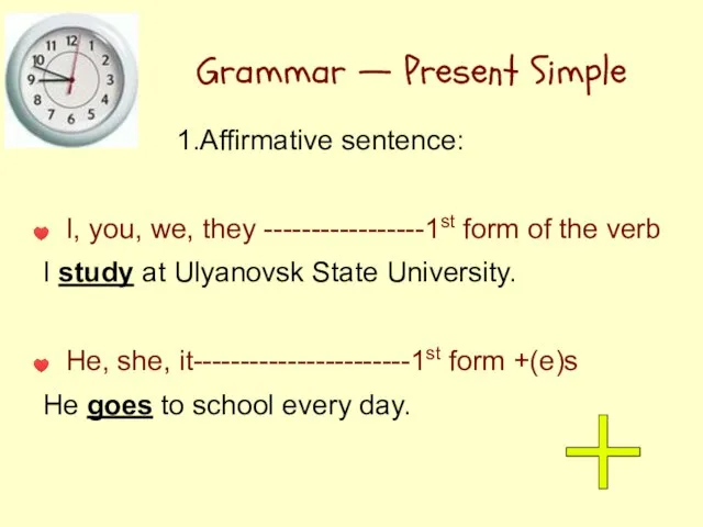 Grammar — Present Simple 1.Affirmative sentence: I, you, we, they -----------------1st form