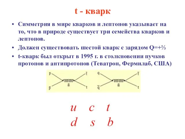 t - кварк Симметрия в мире кварков и лептонов указывает на то,