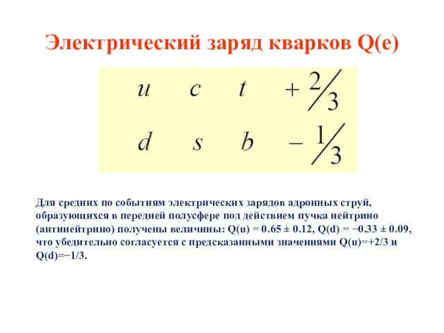 Электрический заряд кварков Q(e) Для средних по событиям электрических зарядов адронных струй,