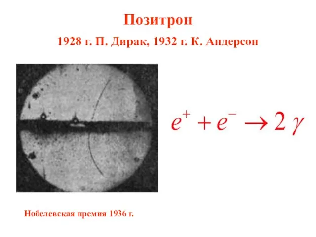 Позитрон 1928 г. П. Дирак, 1932 г. К. Андерсон Нобелевская премия 1936 г.