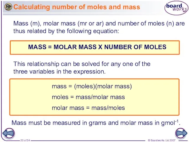 Calculating number of moles and mass Mass (m), molar mass (mr or