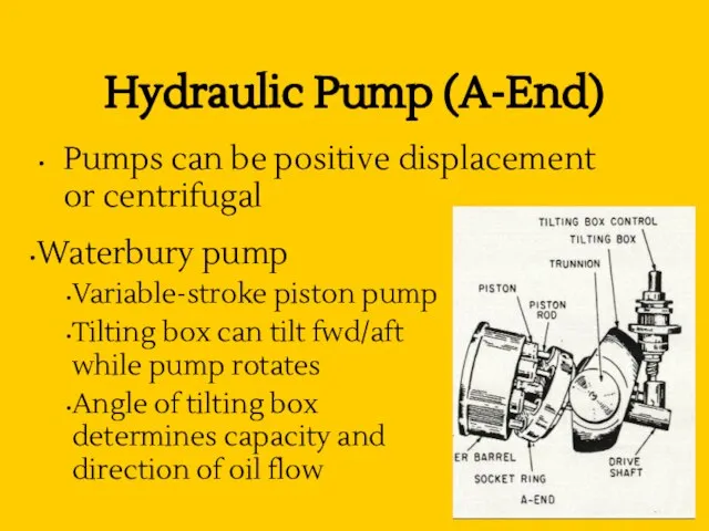 Hydraulic Pump (A-End) Pumps can be positive displacement or centrifugal Waterbury pump