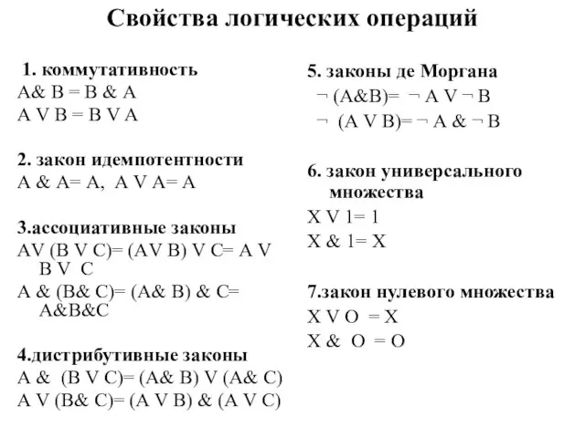 Свойства логических операций 1. коммутативность А& В = В & А А