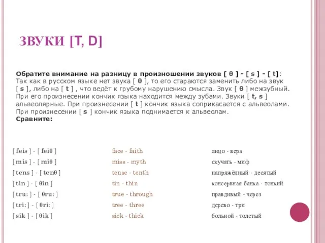 ЗВУКИ [T, D] Обратите внимание на разницу в произношении звуков [ θ