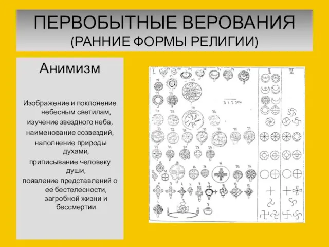 ПЕРВОБЫТНЫЕ ВЕРОВАНИЯ (РАННИЕ ФОРМЫ РЕЛИГИИ) Анимизм Изображение и поклонение небесным светилам, изучение