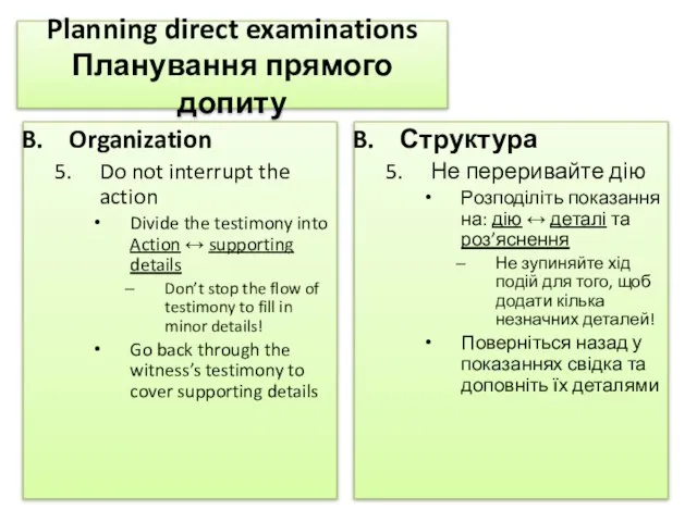 Planning direct examinations Планування прямого допиту Organization Do not interrupt the action