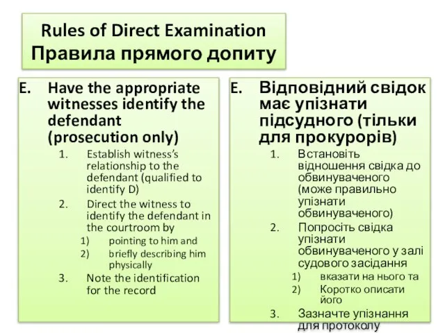 Rules of Direct Examination Правила прямого допиту Have the appropriate witnesses identify