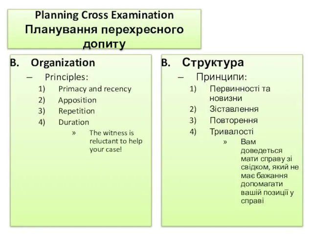 Planning Cross Examination Планування перехресного допиту Organization Principles: Primacy and recency Apposition