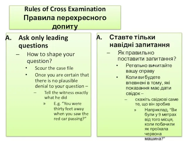 Rules of Cross Examination Правила перехресного допиту Ask only leading questions How